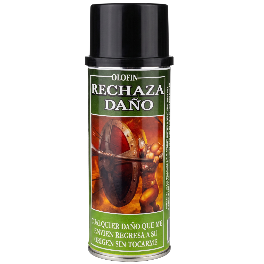 A can of Olofin Rechaza Daño spray, featuring a black cap and a green label with a graphic of a warrior holding a sword and shield.
