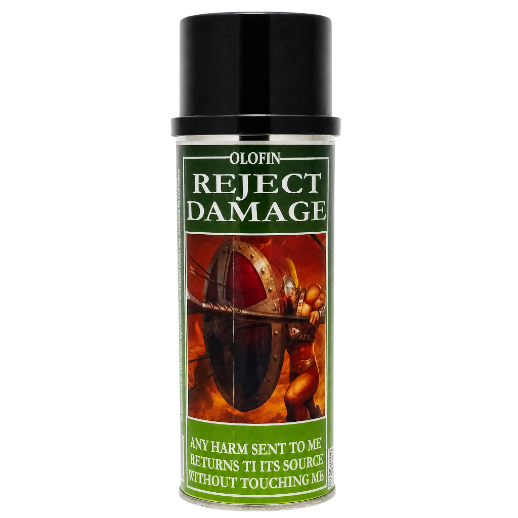 A can of Olofin Reject Damage spray with a black cap and a green and orange label featuring a warrior graphic.