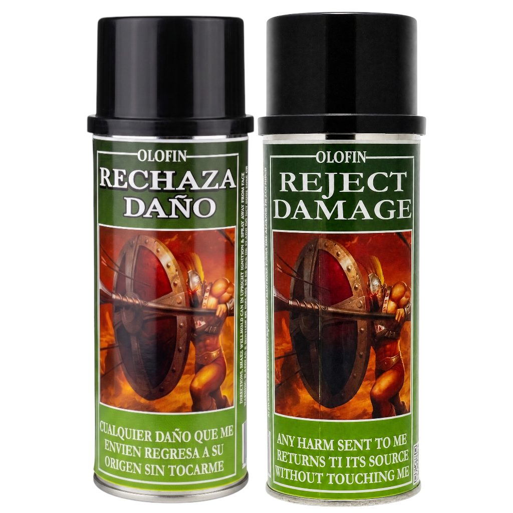 Two Olofin Reject Damage spray cans with black caps and green labels featuring a warrior graphic, shown on a white background.