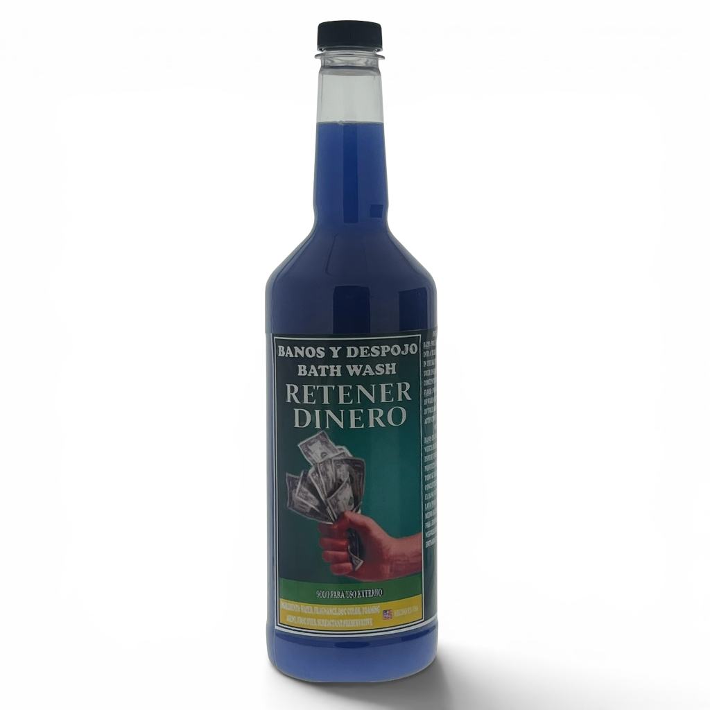 A bottle of blue bath wash with a black cap and a green label reading 'BATH WASH RETENER DINERO' on a white background.