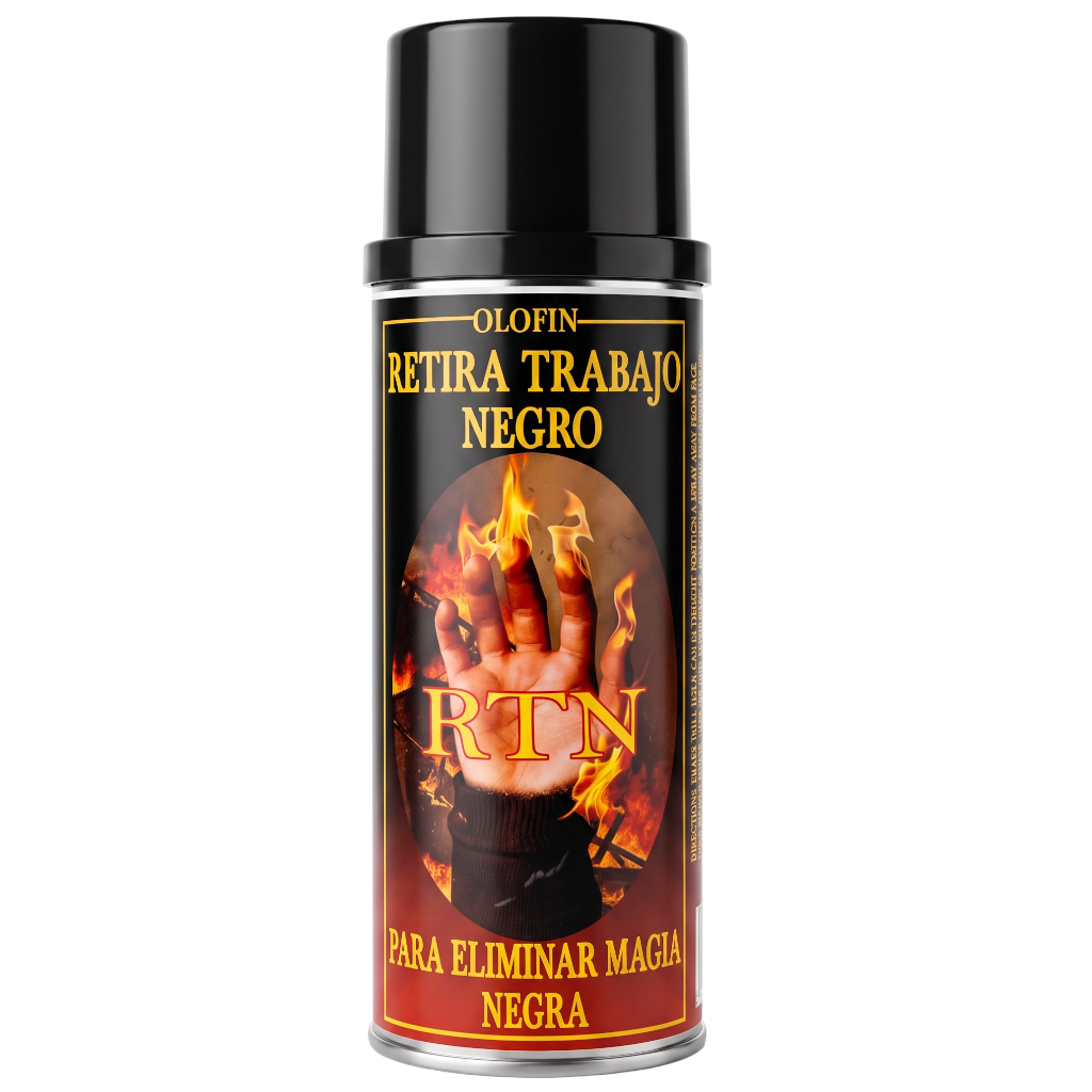 A black aerosol can with a black cap, featuring a label for Olofin RTN 'Retira Trabajo Negro' with a fiery hand graphic and Spanish text, isolated on a white background.