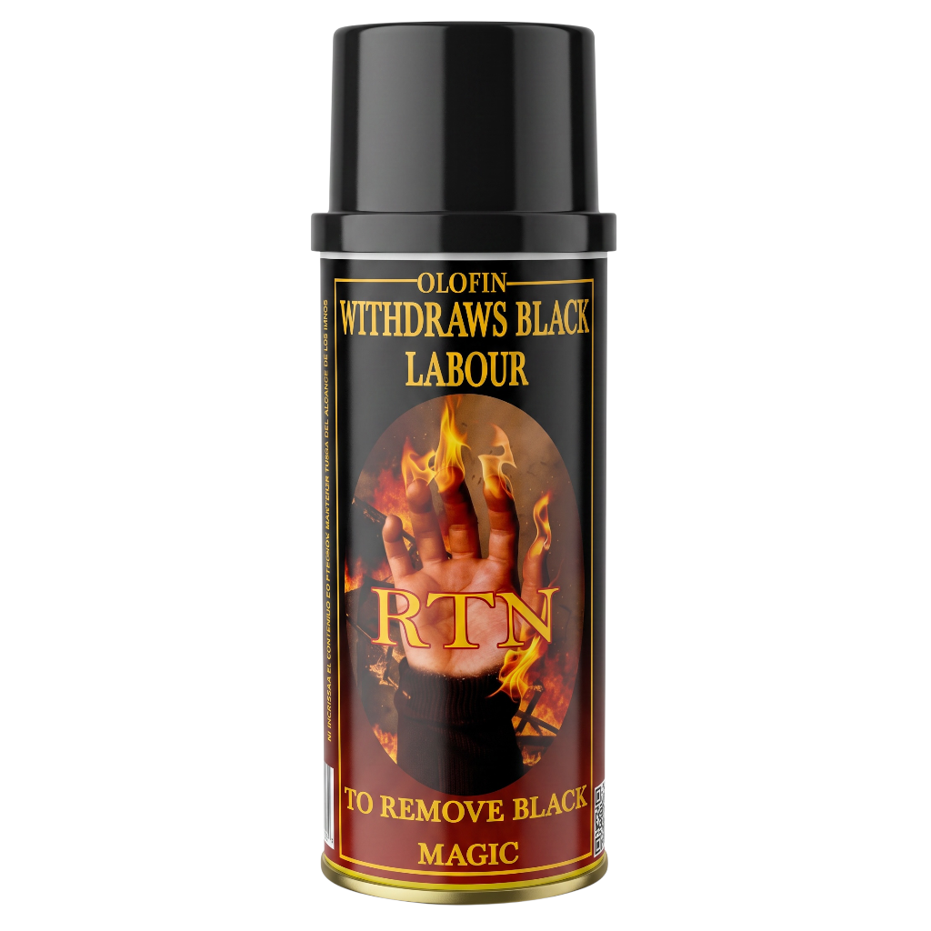 A black aerosol can with a black cap, featuring a label that reads 'OLOFIN WITHDRAWS BLACK LABOUR' and 'RTN TO REMOVE BLACK MAGIC,' with a fiery hand graphic in the center.