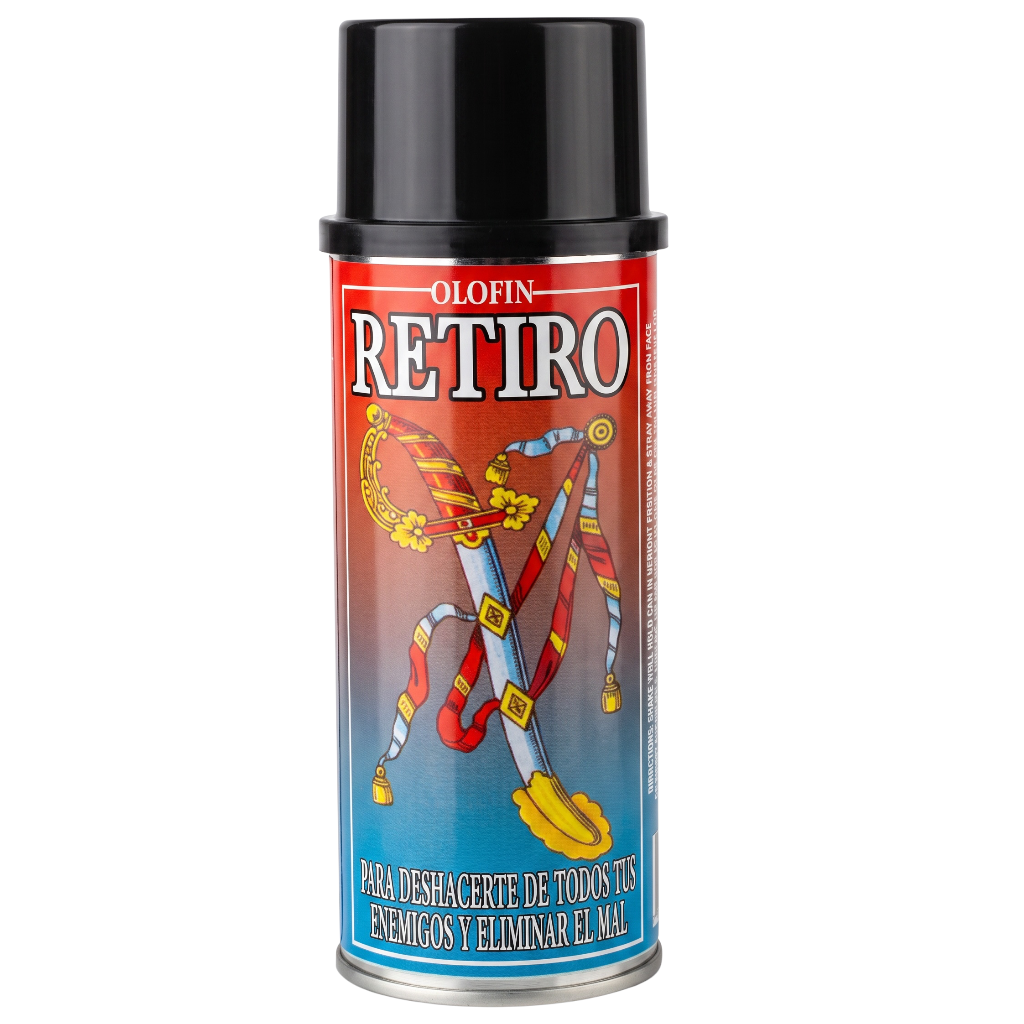 A can of Olofin Retiro spray, featuring a black cap and a label with a red-to-blue gradient background and a colorful illustration of a key and hanging keys.