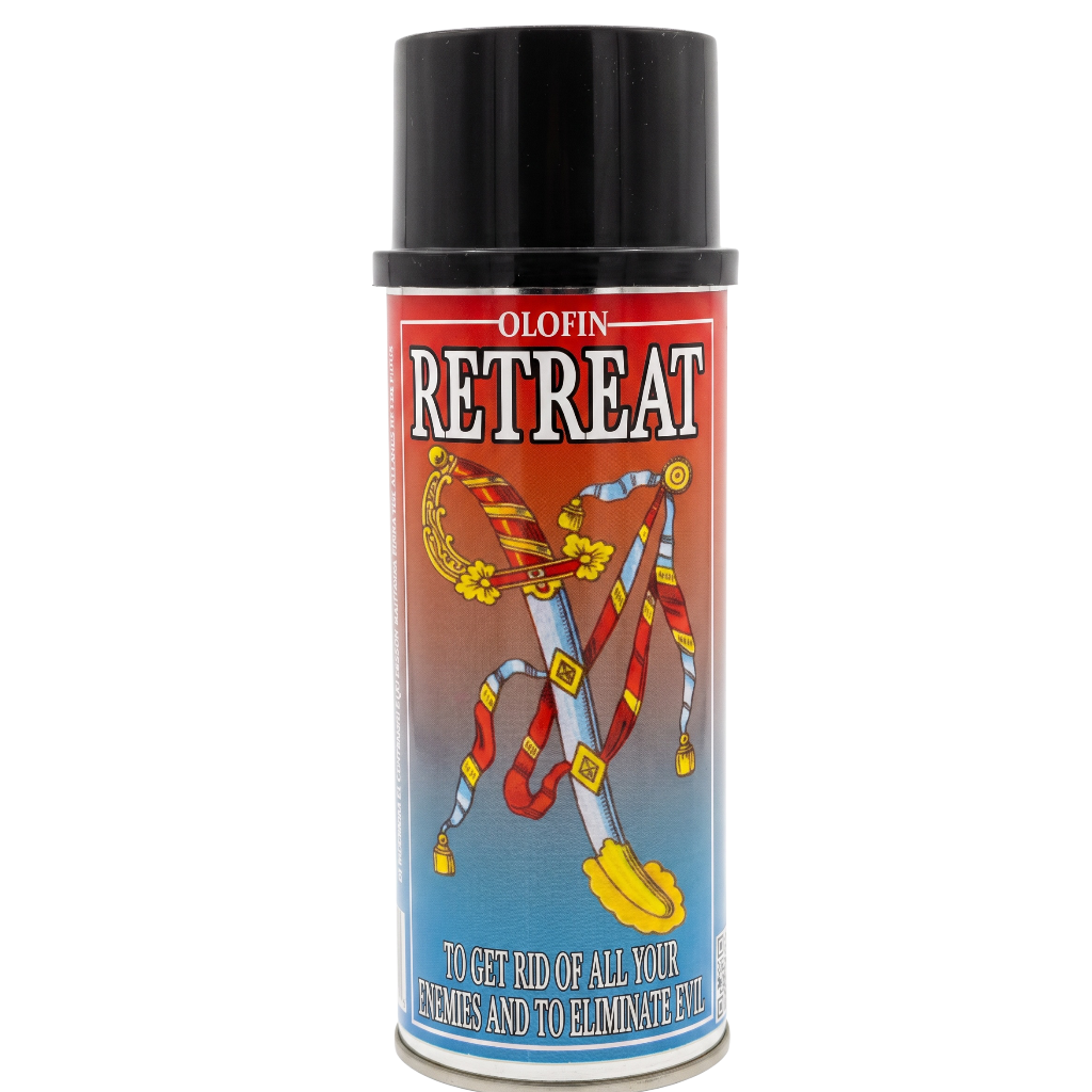A can of Olofin Retreat spray with a black cap and a label featuring a red-to-blue gradient background, white text, and an illustration of a sword wrapped in red and yellow tape.