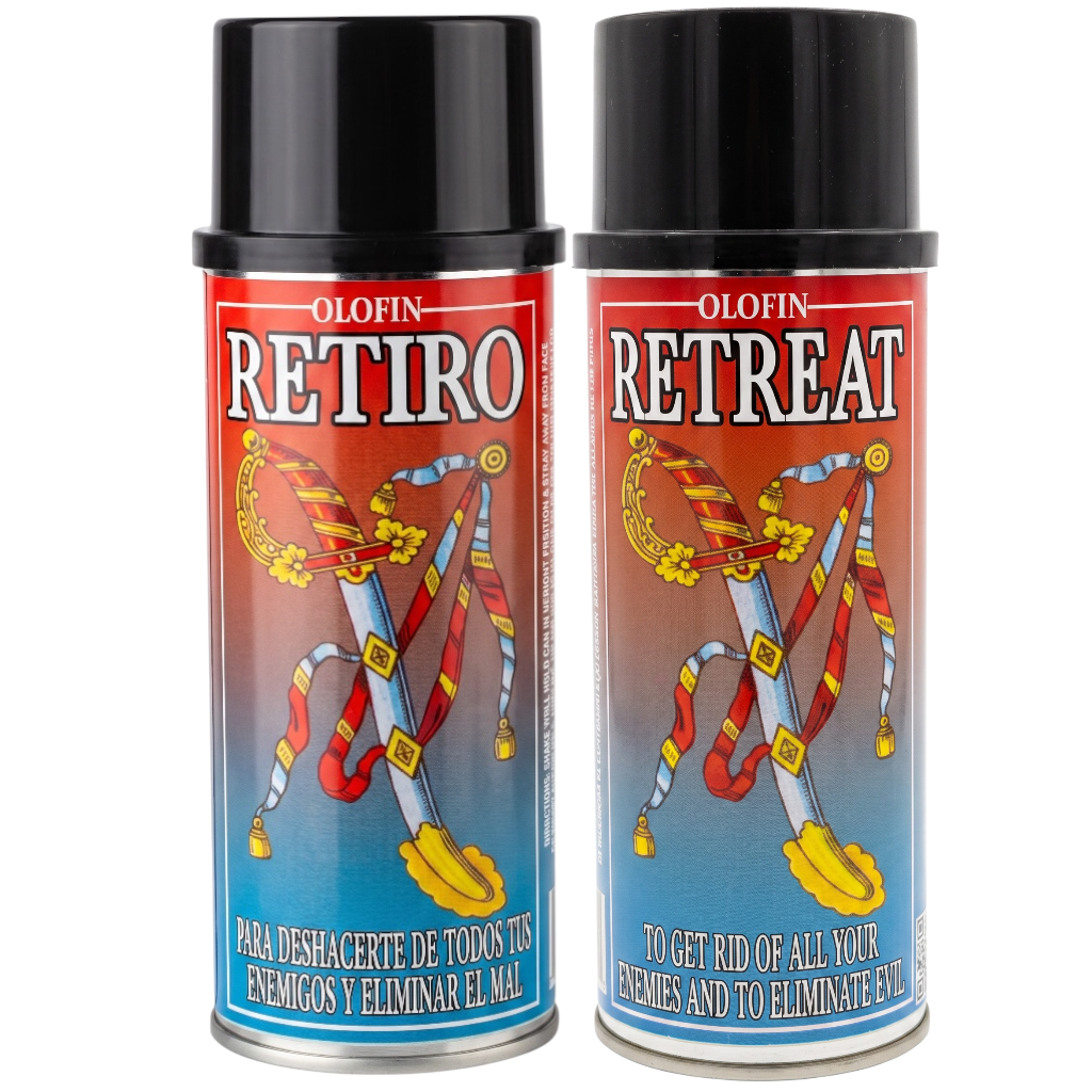 Two Olofin Retiro spray cans with black caps, featuring a red-to-blue gradient label with a traditional dagger illustration and Spanish and English text.