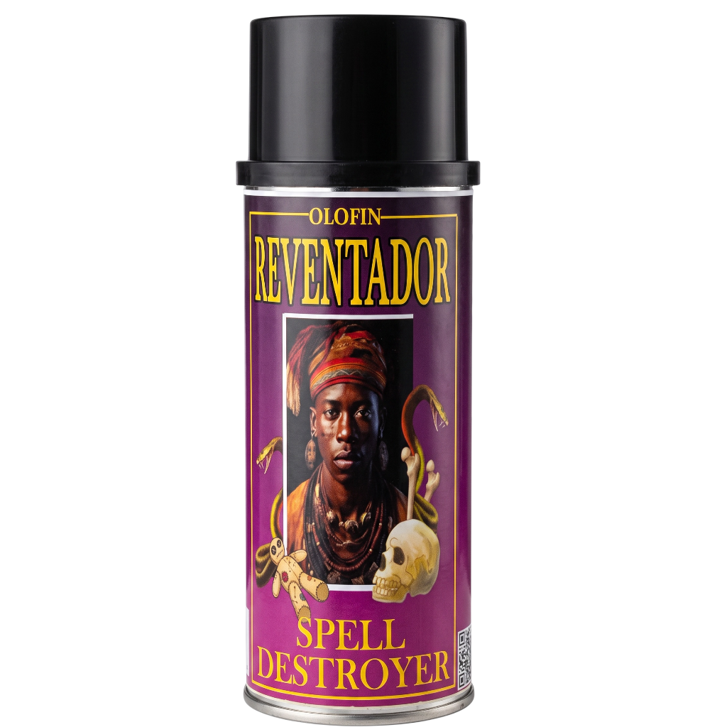 A can of Olofin Reventador Spell Destroyer spray, featuring a black cap and a purple label with gold lettering and an illustration of a sorcerer holding a skull.