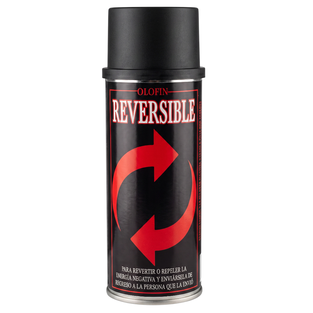 A black spray can with a black cap, featuring a label that reads 'OLOFIN REVERSIBLE' in red and white, with a large red circular arrow symbol on the front, set against a plain white background.
