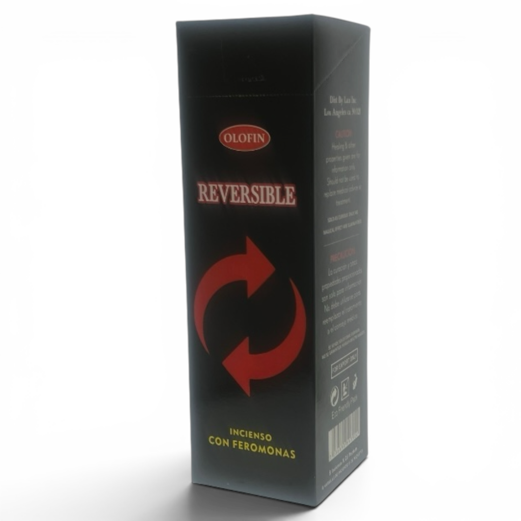 A tall black rectangular product box for Olofin Reversible incense with feromonas, featuring a red circular arrow graphic and red text on a white background.