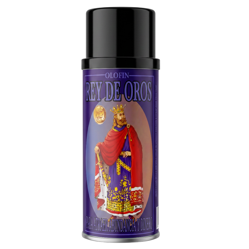 A can of Olofin Rey de Oros spray paint with a black cap and a purple label featuring a gold and red illustration of the San Pedro de Atcha (King of Gold) saint.