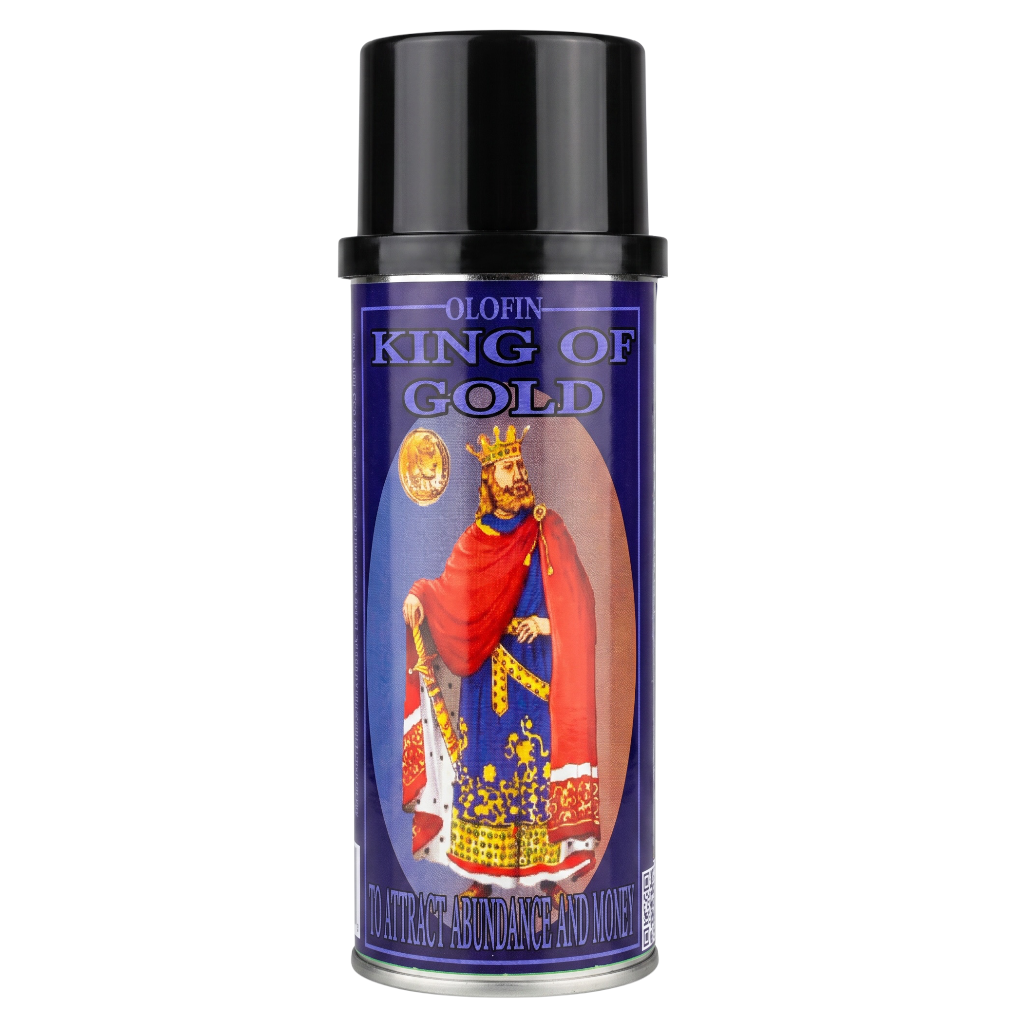 A can of Olofin King of Gold nail polish spray with a black cap and a blue label featuring an illustration of a crowned king in a red robe.