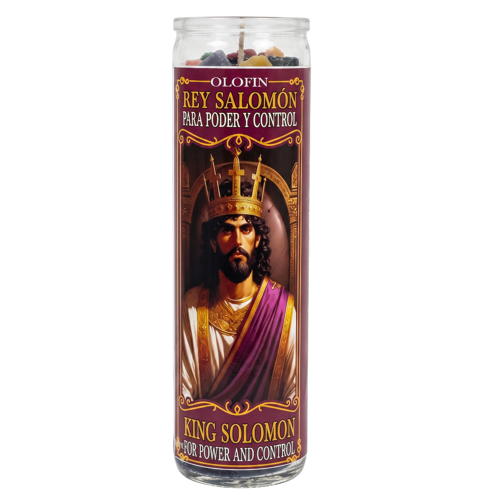 A tall glass devotional candle labeled 'Olofin Rey Salomon' with an illustration of King Solomon on the front, shown against a plain white background.
