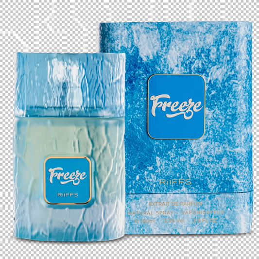 Blue perfume bottle and packaging with 'Freeze' branding on a transparent background