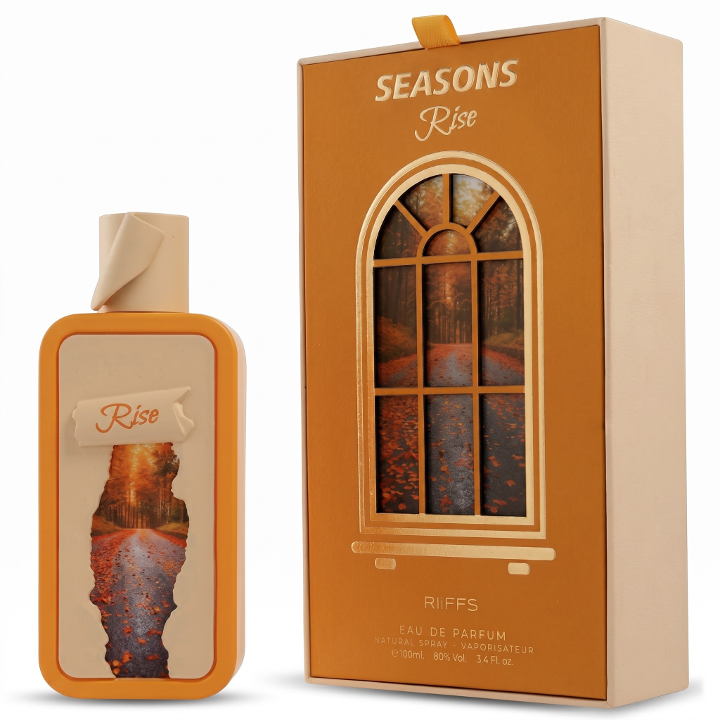 Eau de Parfum bottle and packaging with 'SEASONS Rise' design on a white background