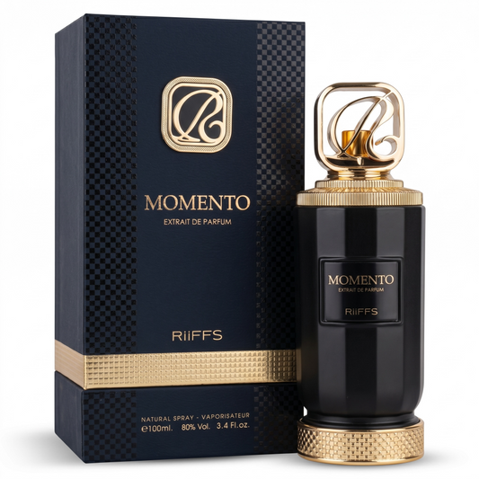 Perfume bottle and packaging of Momento Extrait de Parfum by Riiffs on a white background