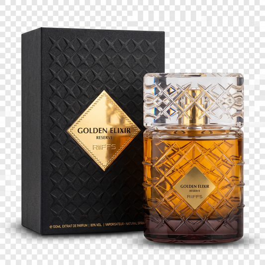 Perfume bottle and packaging with 'Golden Elixir' branding on a transparent background