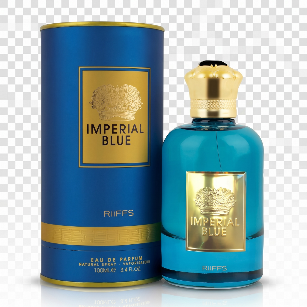 Imperial Blue perfume bottle and packaging on a transparent background