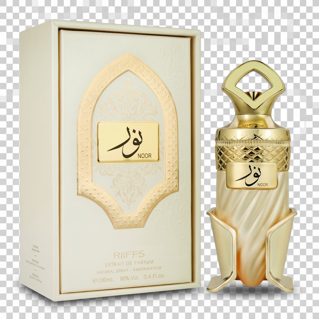 Gold perfume bottle and packaging with 'NOOR' branding on a transparent background