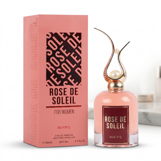 Rose de Soleil perfume bottle and packaging on a white background