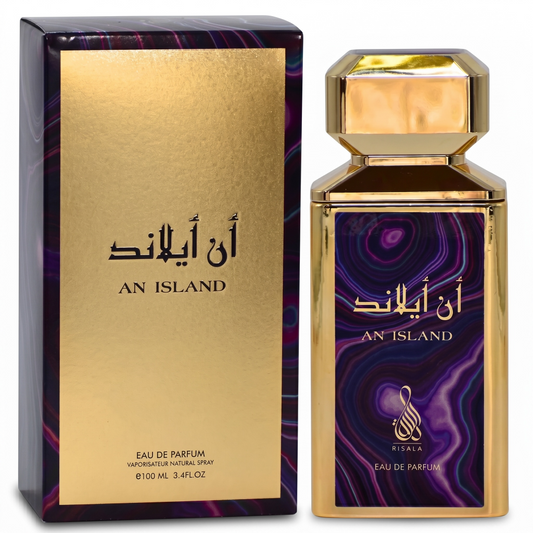 An Island perfume bottle and packaging with gold and purple design.