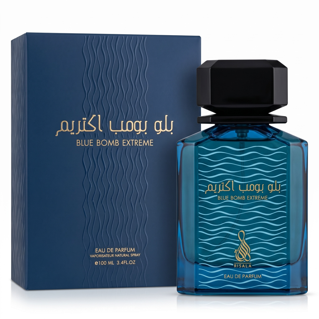 Blue Bomb Extreme perfume bottle and packaging on a white background