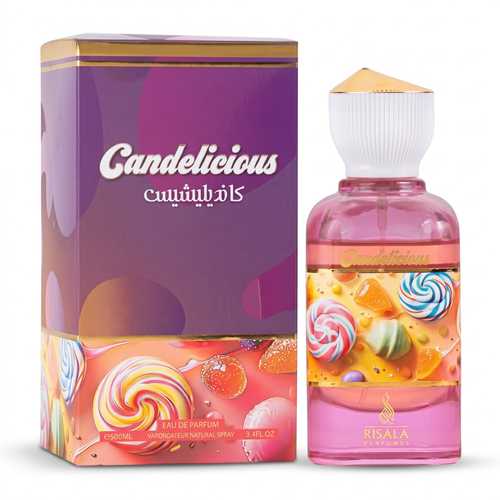 Candelicious perfume bottle and packaging on a white background