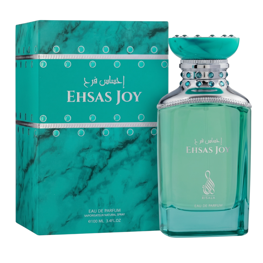 Ehsas Joy perfume bottle and packaging on a white background