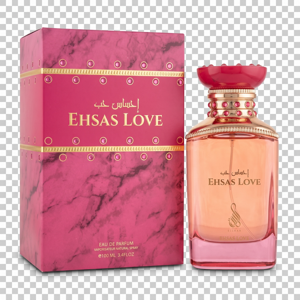 Ehsas Love perfume bottle and packaging on a transparent background
