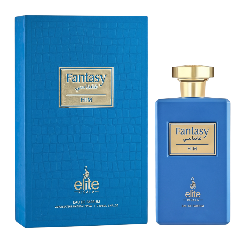 Blue perfume bottle and packaging with 'Fantasy' branding on a white background