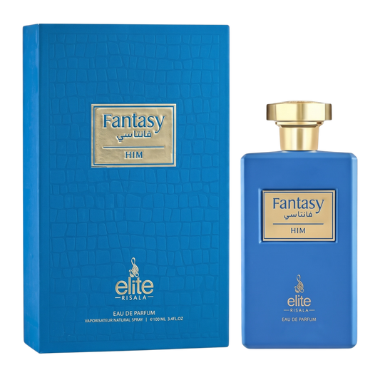 Blue perfume bottle and packaging with 'Fantasy' branding on a white background