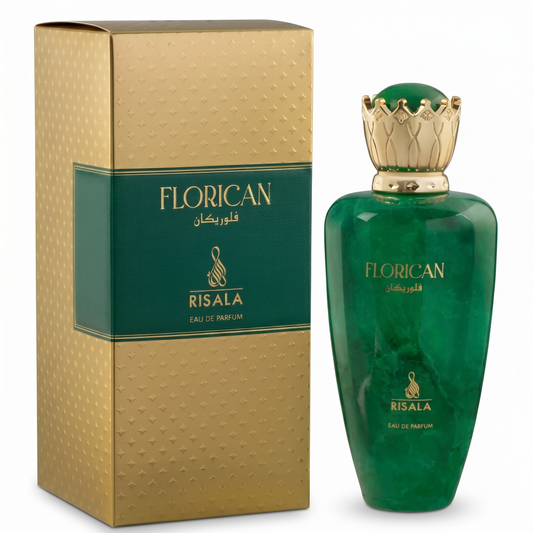 Green perfume bottle with gold cap and matching box labeled 'Florican Risala' on a white background