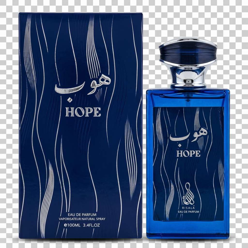 Blue perfume bottle and packaging labeled 'HOPE' on a transparent background