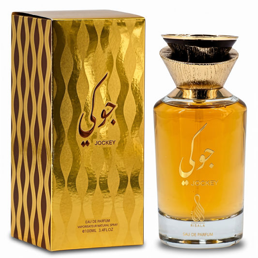Jockey perfume bottle and packaging with gold design