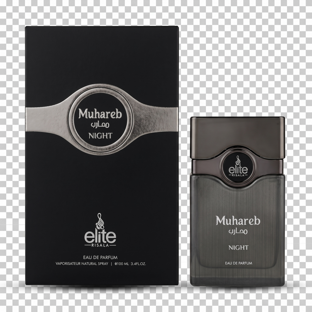Muhareb Night perfume bottle and packaging on a transparent background
