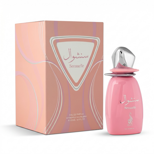 Pink Sensuelle perfume bottle and packaging on a white background