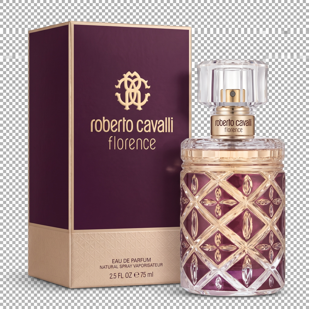 Roberto Cavalli Florence perfume bottle and packaging on a transparent background
