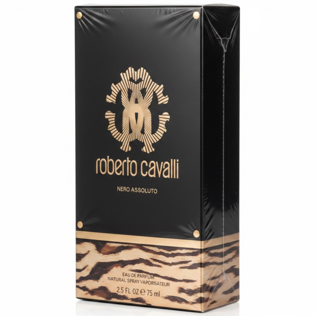 Black and gold packaging of Roberto Cavalli Nero Assoluto perfume on a white background