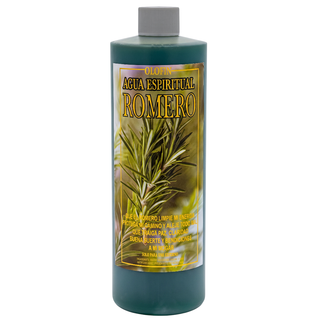 A dark green plastic bottle of Oliva Agua Espiritual Romero with a gray cap and a gold and green label, shown against a plain white background.