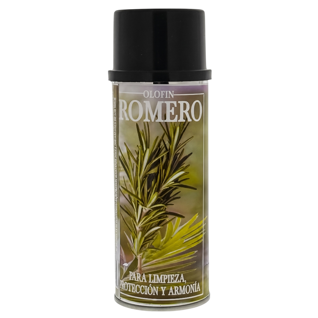 A spray can of Olofin Romero, a rosemary-scented cleaning and protection spray, featuring a black cap and a label with a rosemary illustration on a white background.