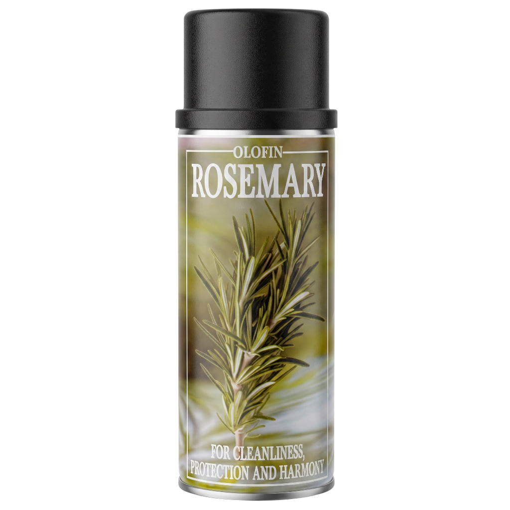 A cylindrical spray can of Olofin Rosemary for cleanliness, protection, and harmony, featuring a black cap and a label with a rosemary illustration on a light olive background.