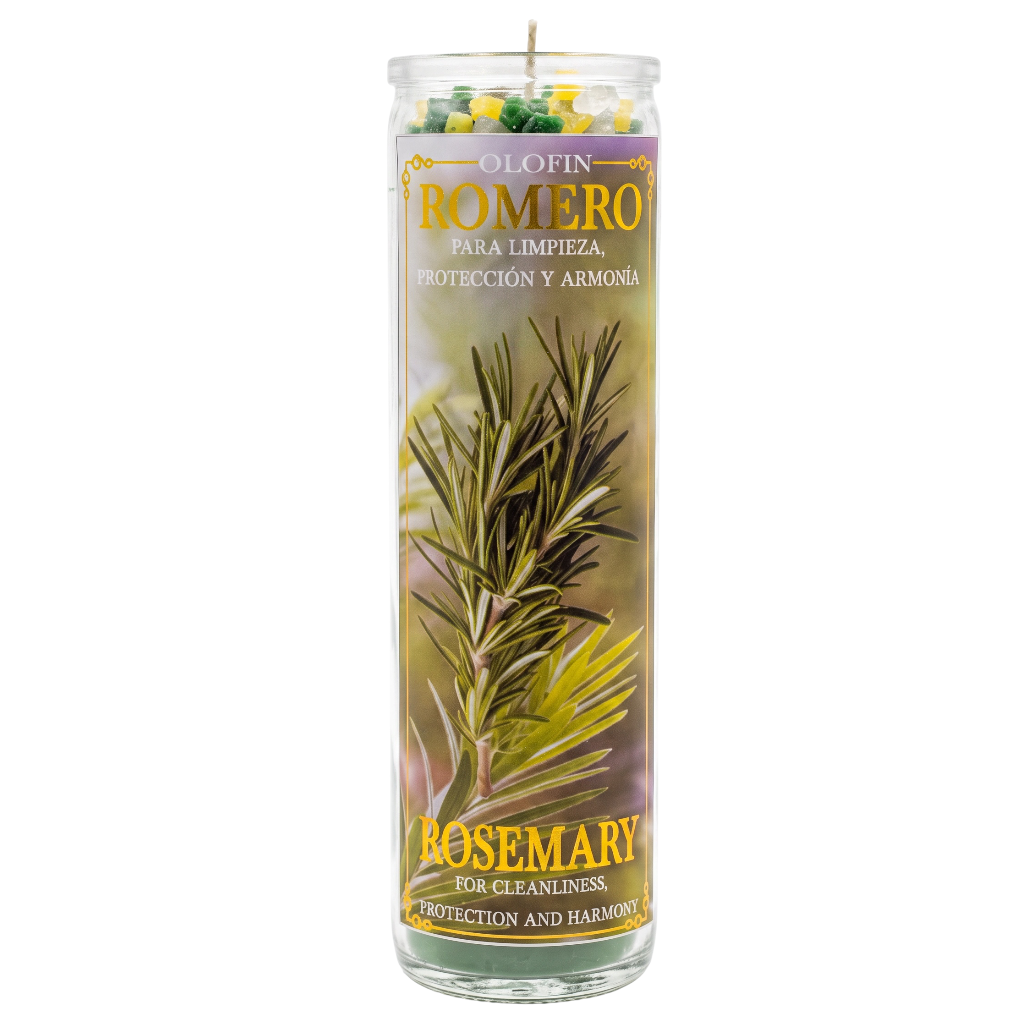 A tall glass jar candle labeled 'Olofin Romero' with rosemary imagery on the front, shown against a plain white background.