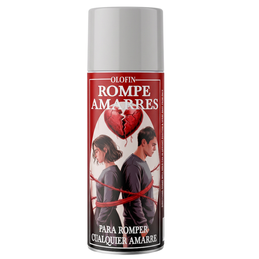 A can of Olofin Rompe Amarrés spray, featuring a red and white label with an illustration of a couple tied by a red rope and a broken heart, on a solid white background.
