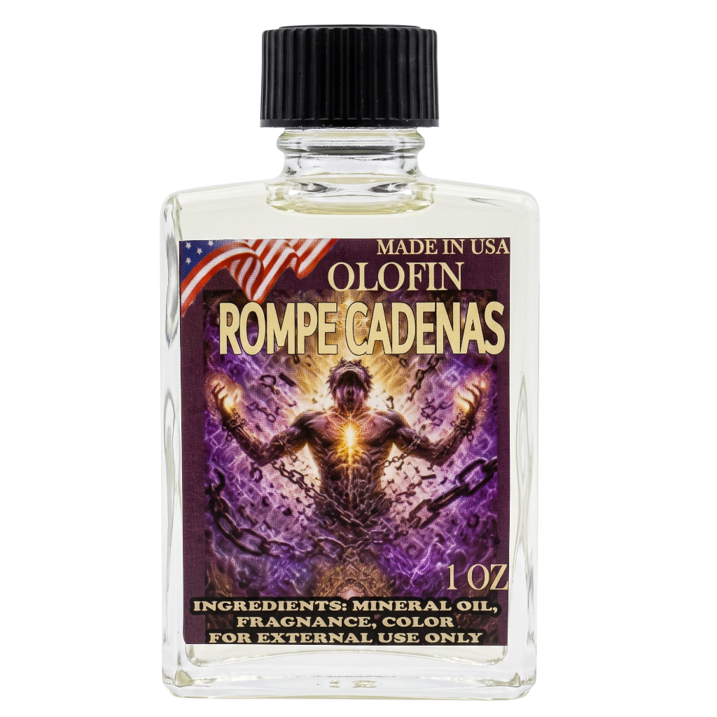 A 1 oz clear glass bottle of Olofin Rompe Cadenas fragrance oil with a black ribbed cap and a detailed purple and gold label, isolated on a white background.
