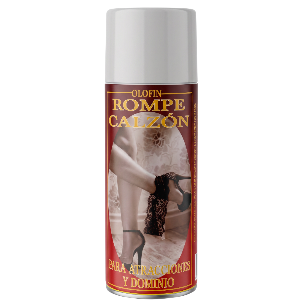 A can of Olofin Rompe Calzón, a Spanish adult novelty product, featuring a red label with gold lettering and an image of legs wearing black lace stockings and high heels.