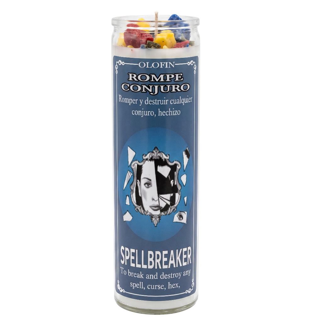 A tall glass jar candle with a blue label reading 'OLAFIN ROMPE CONJURO SPELLBREAKER' and multicolored wax pieces visible at the top, shown on a plain white background.