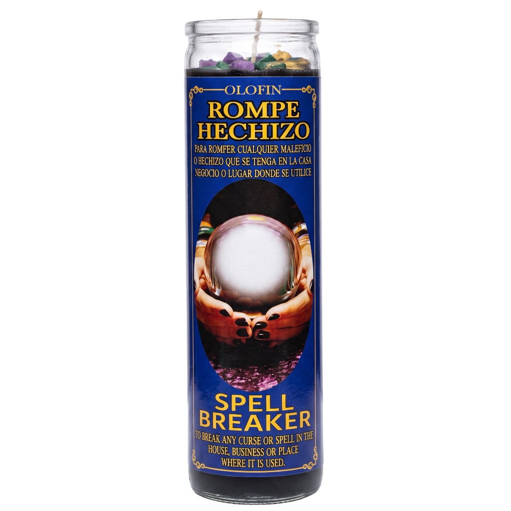 A tall glass jar candle with a dark blue label reading 'Olofin Rompe Hechizo Spell Breaker' and showing a crystal ball held by hands, on a plain white background.