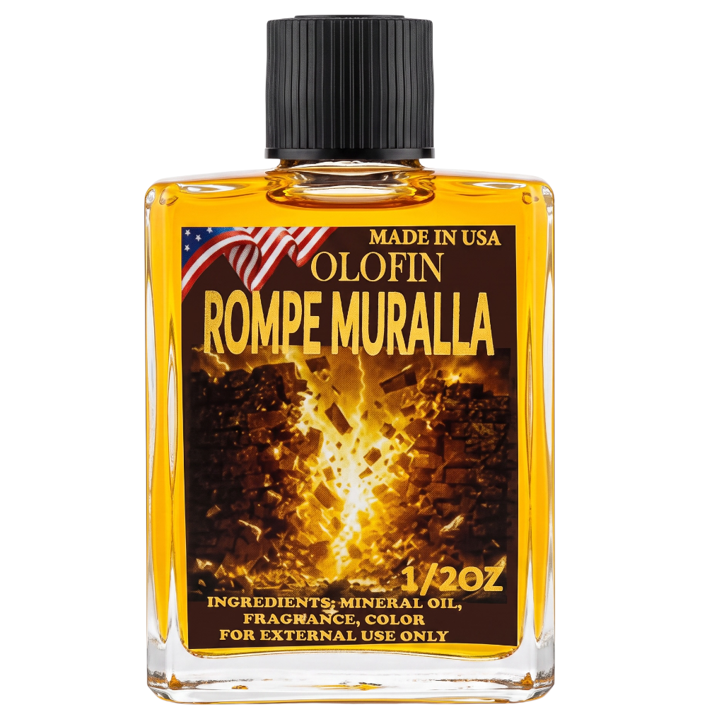 A 1/2 oz glass bottle of Olofin Rompe Muralla fragrance oil, filled with golden amber liquid and featuring a black cap, on a solid white background.