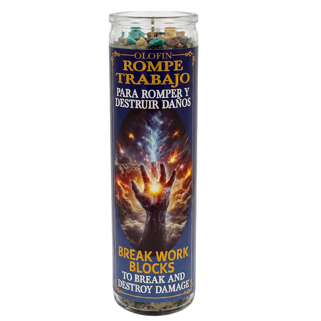 A tall glass jar candle with a dark blue label reading 'Olofin Rompe Trabajo' and 'Break Work Blocks to Break and Destroy Damage,' featuring a glowing hand graphic and colorful wax pieces visible at the top.