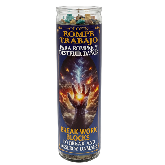 A tall glass jar candle with a dark blue label reading 'Olofin Rompe Trabajo' and 'Break Work Blocks to Break and Destroy Damage,' featuring a glowing hand graphic and colorful wax pieces visible at the top.