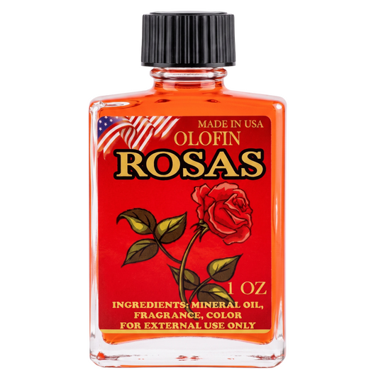 A 1 oz bottle of Olofin Rosas external use fragrance oil. The clear glass bottle shows the bright orange-red liquid inside, topped with a black ribbed cap.