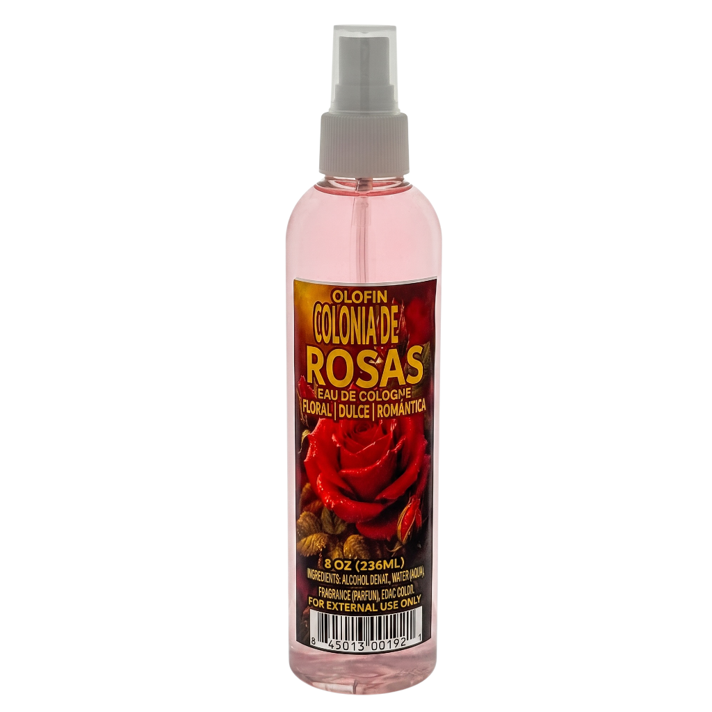 A bottle of Olofin Colonia de Rosas Eau de Cologne Herbal & Bulle Romantic spray, featuring a pink liquid, a gray spray nozzle, and a label with a red rose graphic on a white background.